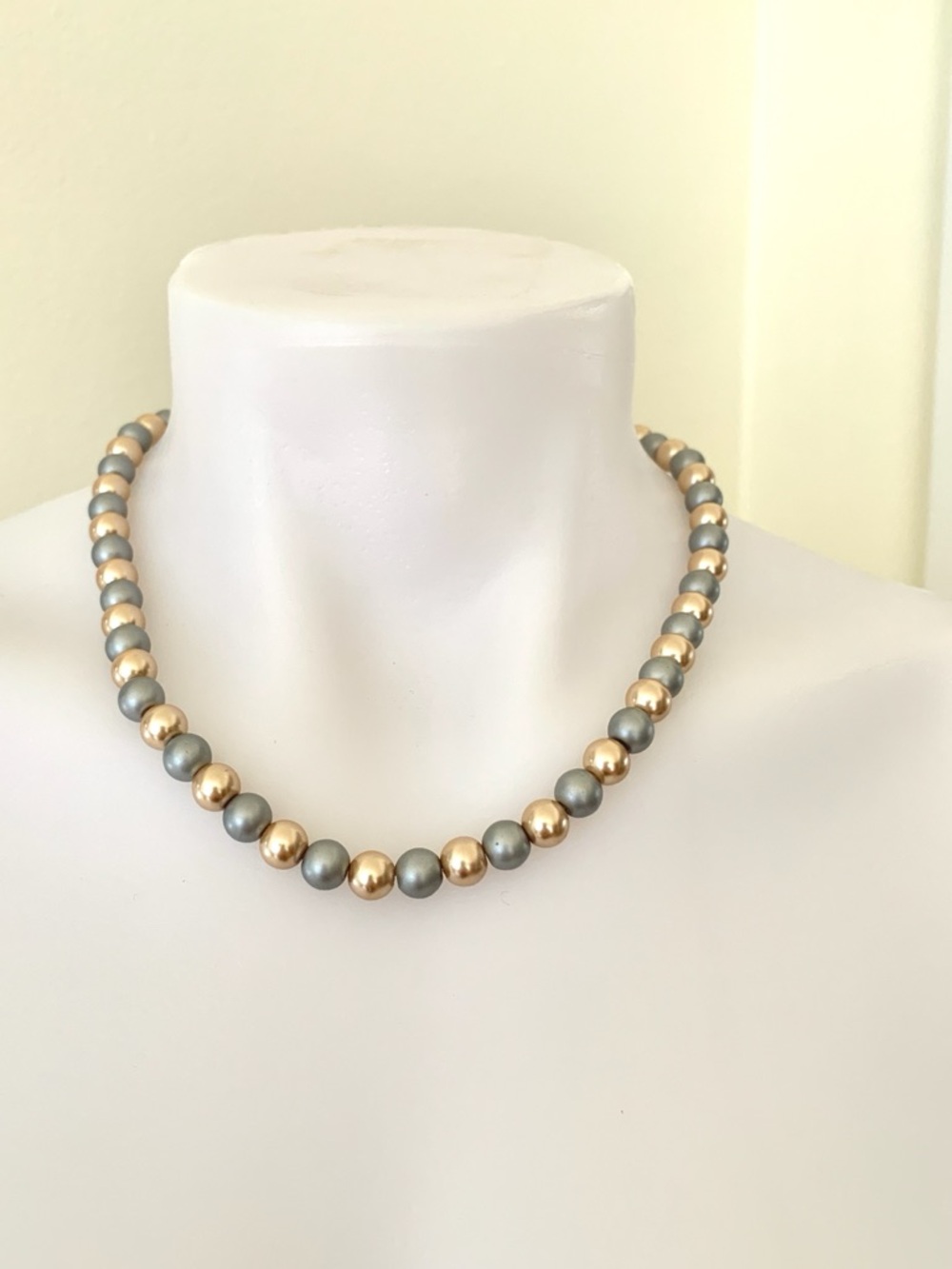 gold tan matte silver faux pearl beaded necklace with toggle